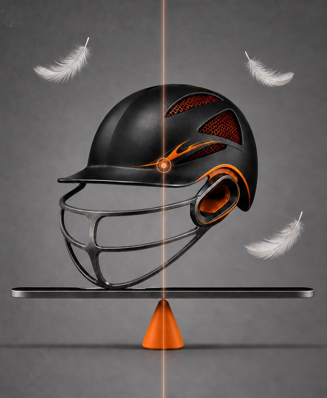 A WaughHead helmet balanced on a beam with feathers, showing how light it is