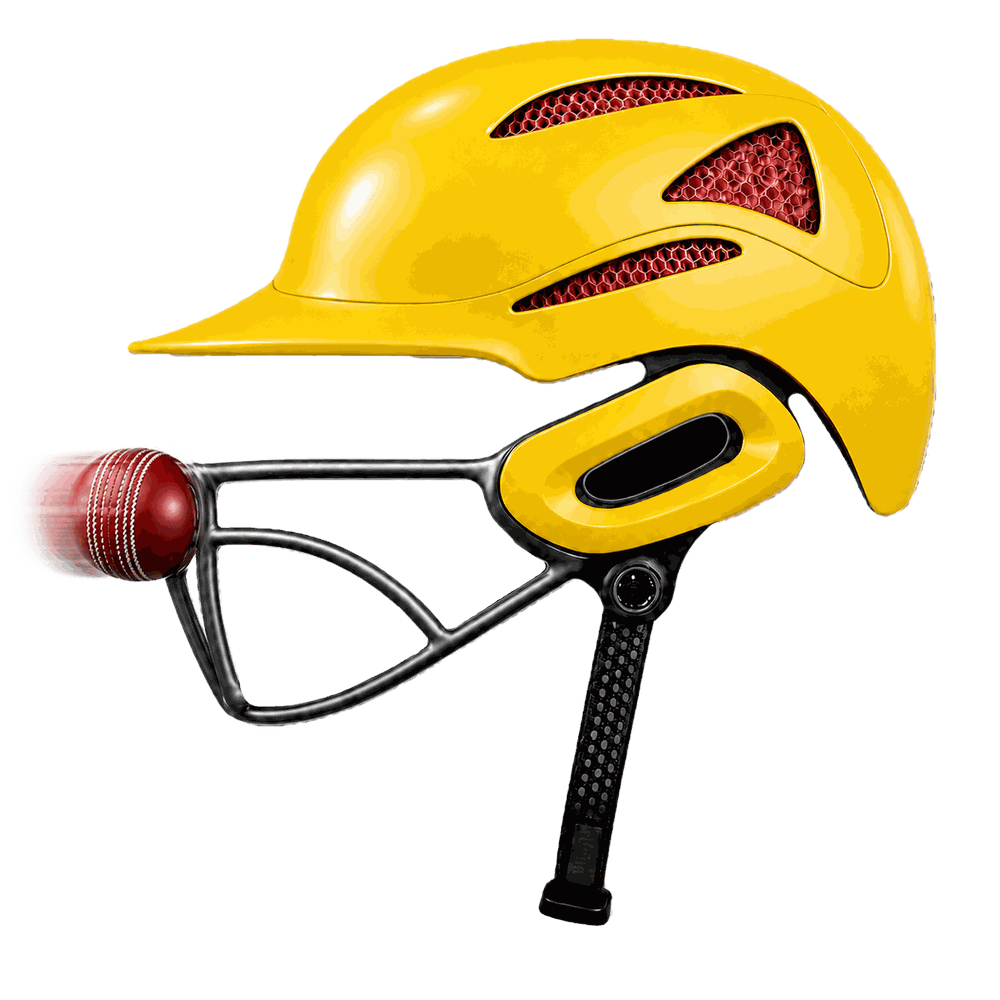 A cricket ball striking the magnesium grille of a WaughHead helmet