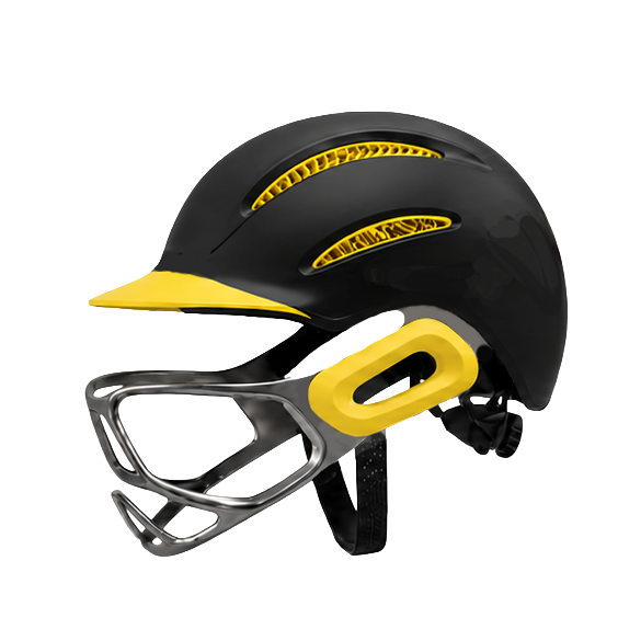 A WaughHead helmet in black and yellow, showing the ear section built into the Halo ring alongside the grille and the shell vents