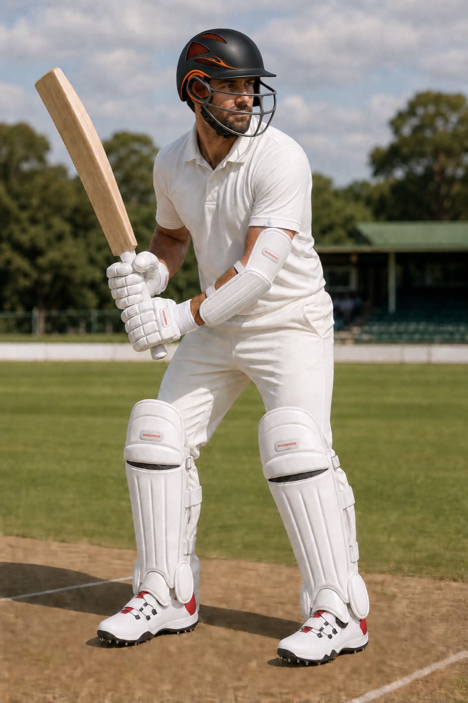 A batsman in full WaughHead kit: helmet, gloves, pads and arm guard, taking guard