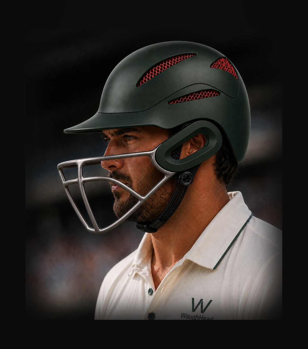 A batsman in a WaughHead men’s helmet at the ground