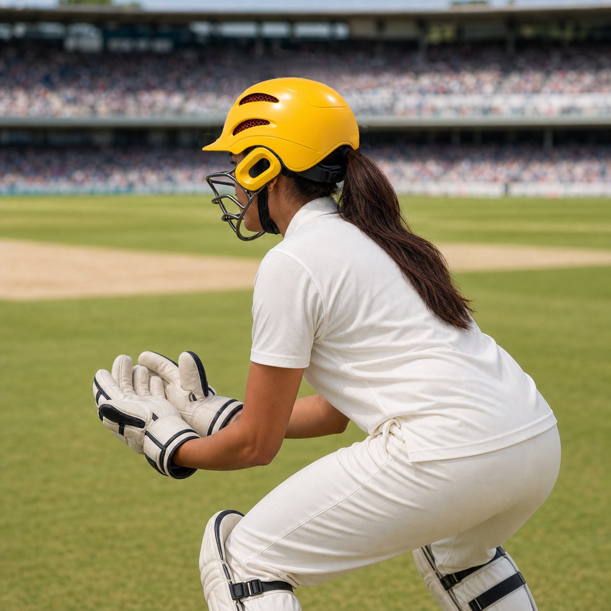 A female wicketkeeper taking the ball in a WaughHead helmet behind the stumps