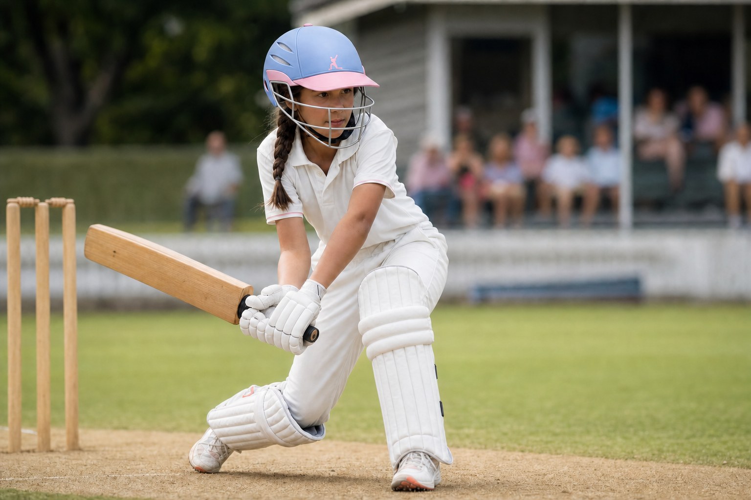 A young cricketer batting in a WaughHead youth helmet