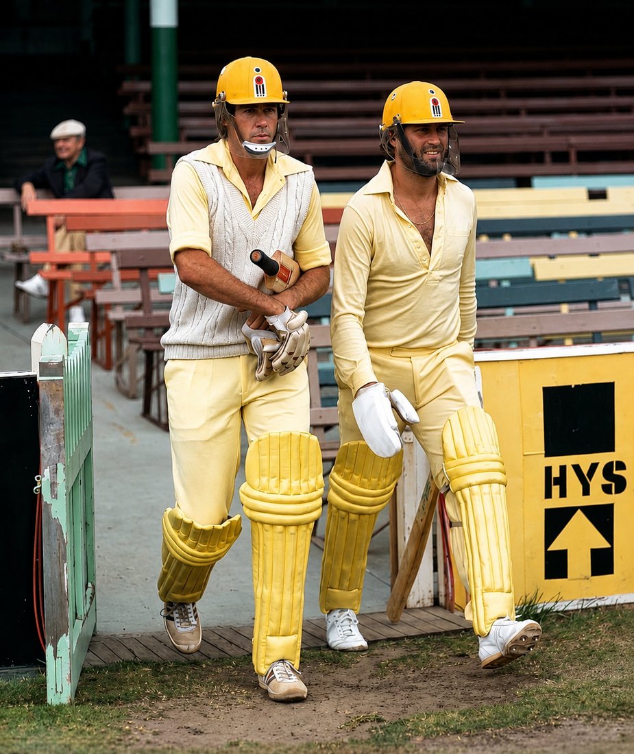 Batters wearing 1977 World Series Cricket helmets
