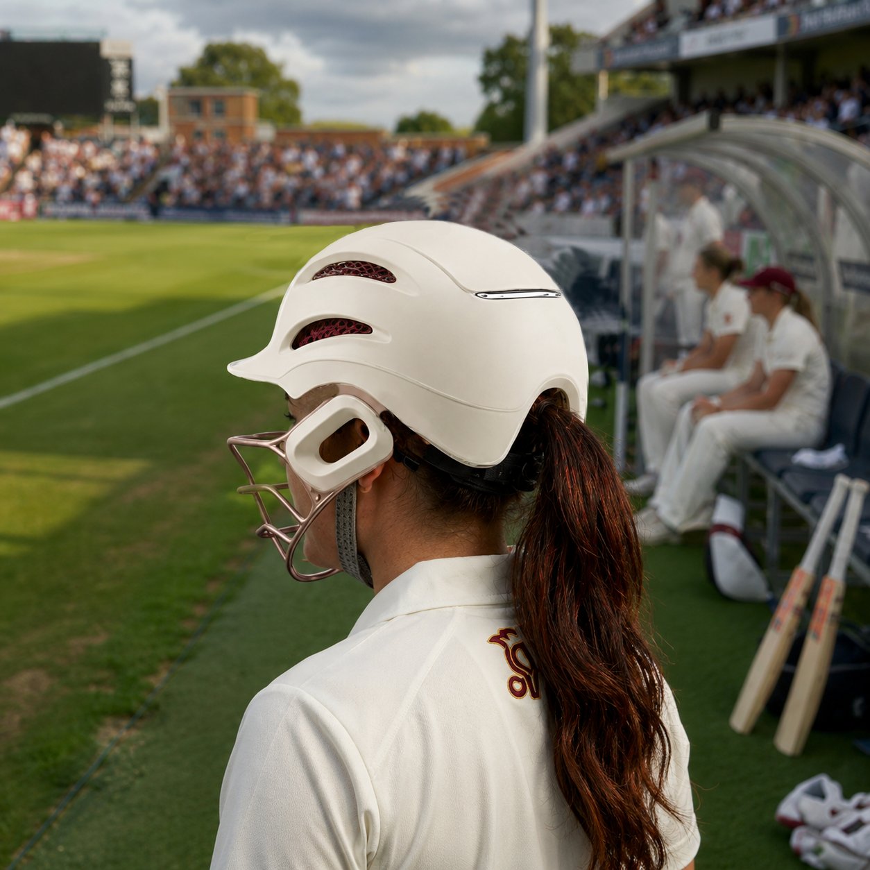 A player wearing the WaughHead women’s helmet at the ground