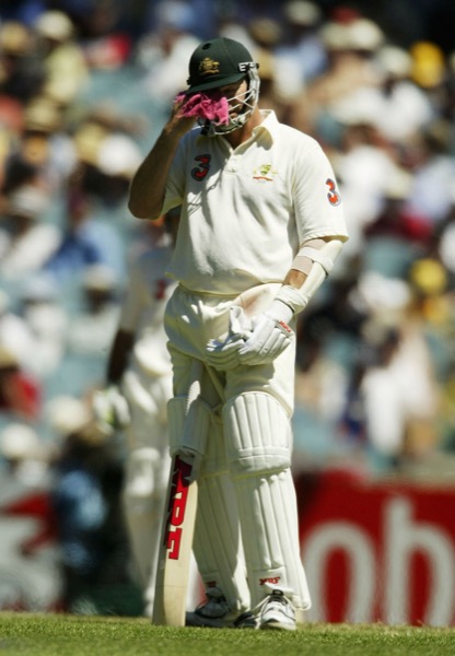 Steve Waugh batting in the baggy green, red rag in hand